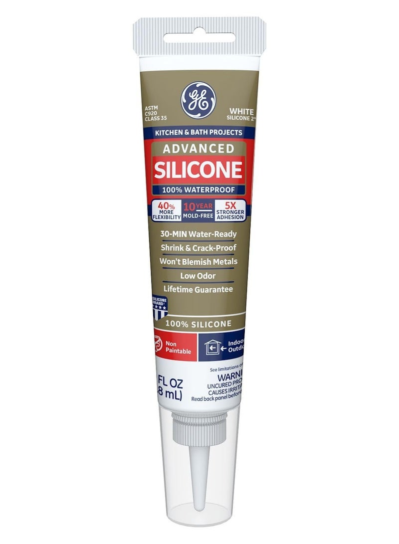 GE Advanced Silicone Caulk for Kitchen & Bathroom - 100% Waterproof Silicone Sealant, 5X Stronger Adhesion, Shrink & Crack Proof - 2.8 fl oz Tube, White, 1 Pack