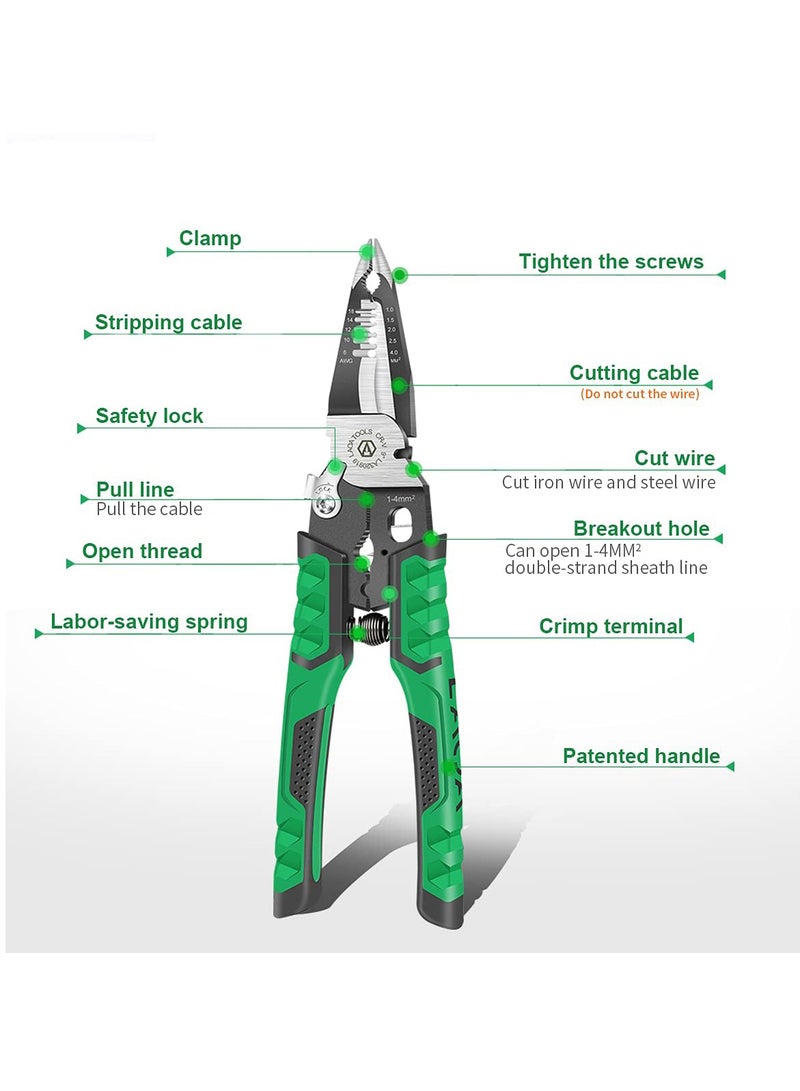 Needle Nose Pliers - 9-in-1 Multifunctional Electrician Pliers - Wire Stripper Tool for Clamping, Tightening Screws, Stripping Wires, and Cutting Cables