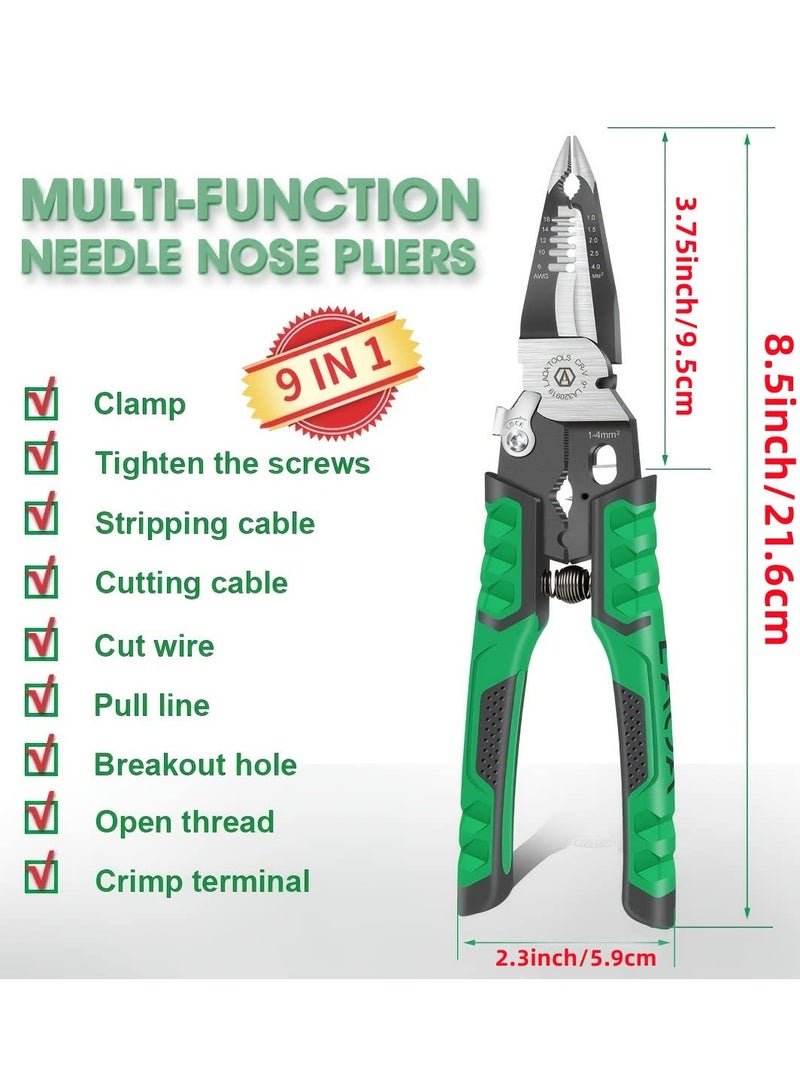 Needle Nose Pliers, 9-in-1 Multifunctional Electrician Pliers, Wire Stripper Tool for Clamping, Tightening Screws, Stripping Wires, and Cutting Cables