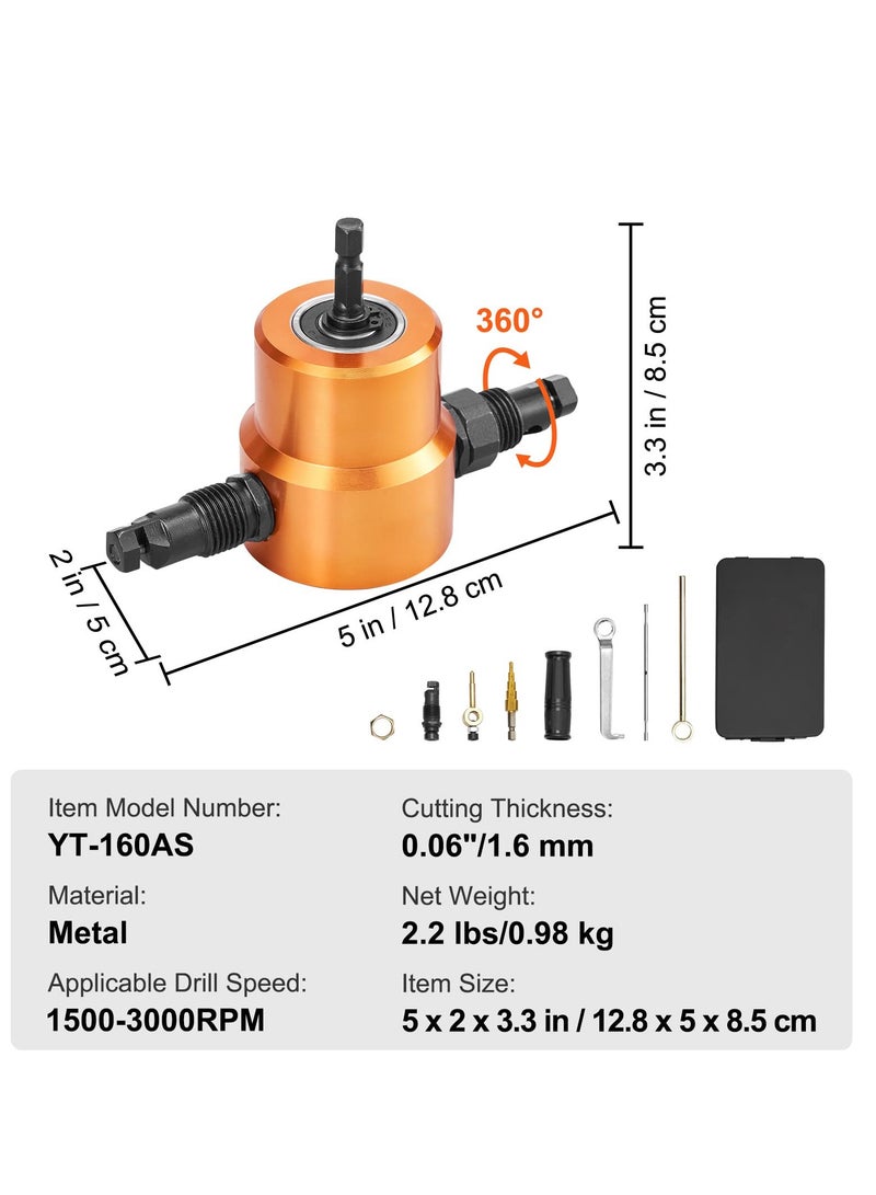 Double Head Sheet Metal Nibbler Cutter, 360 Degree Metal Nibbler Drill Attachment with Extra Punch and Die, Cutting Hole Accessory and Step Drill Bit, for Straight Curve and Circle Cutting