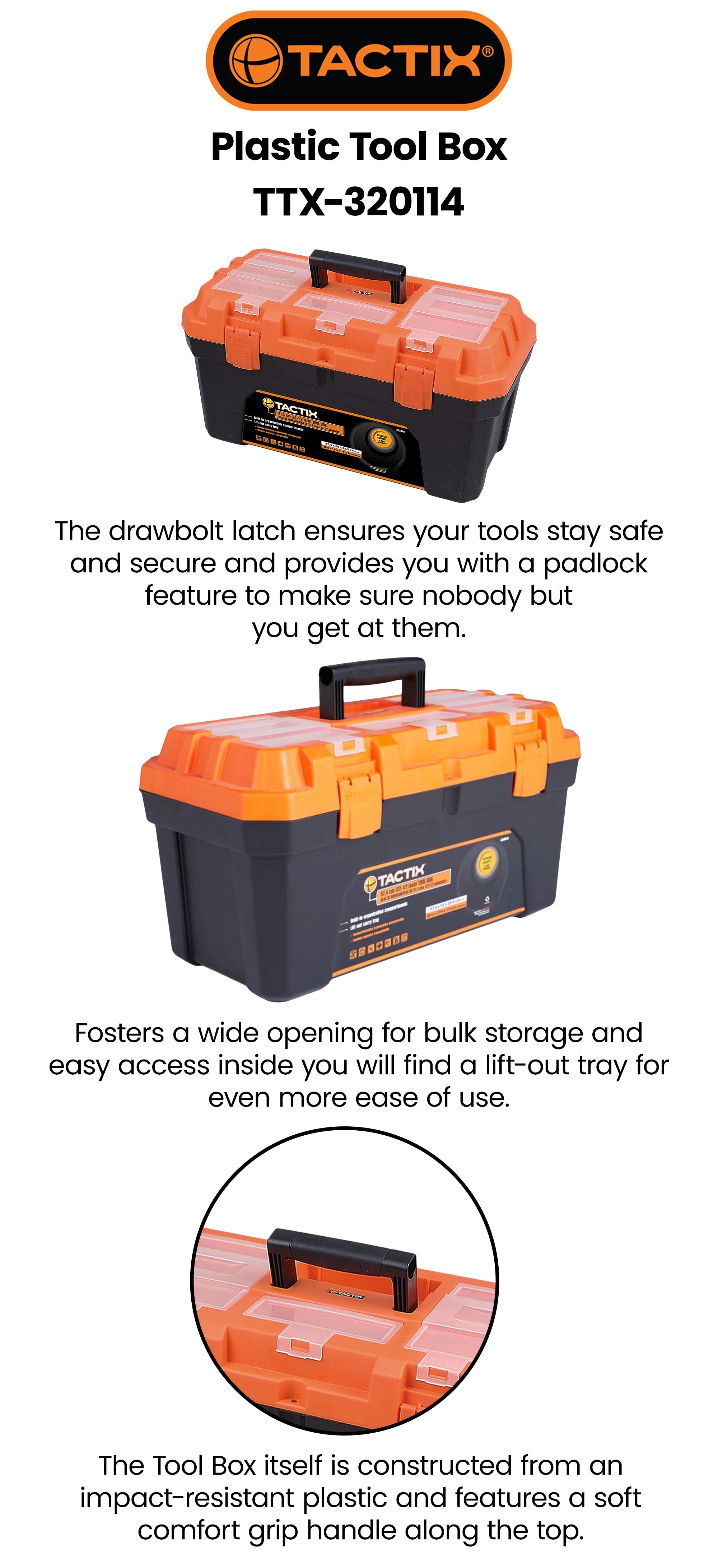 Tactix 22.5 Inches Plastic Storage Tool Box HD with Lift-out carry tray, Built-in Organization Compartments, Black/Orange, Dimensions: 57.2W x 30D x 29.5H cm- 320114