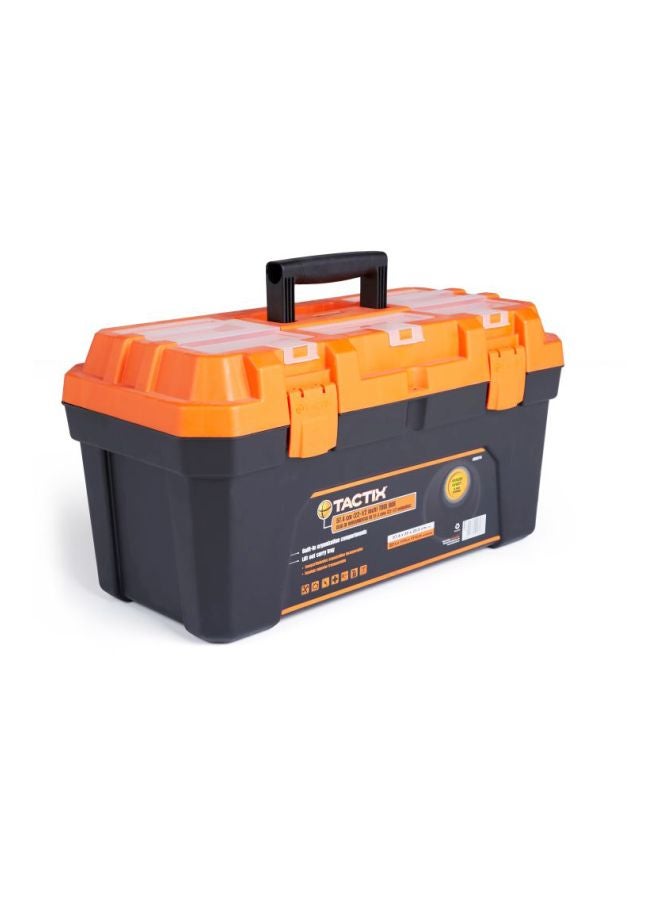 Tactix 22.5 Inches Plastic Storage Tool Box HD with Lift-out carry tray, Built-in Organization Compartments, Black/Orange, Dimensions: 57.2W x 30D x 29.5H cm- 320114