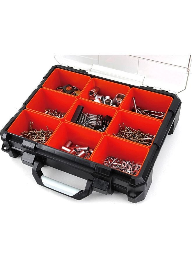 Tactix 9-Tub Heavy Duty Organizer - Clear Compartments with Removable Tubs, Heavy-Duty Aluminum Latches, Portable Toolbox For Home And Workshop, size: 43.2 x 33.2 x 12.5 cm- 320060 Black/Orange/Clear