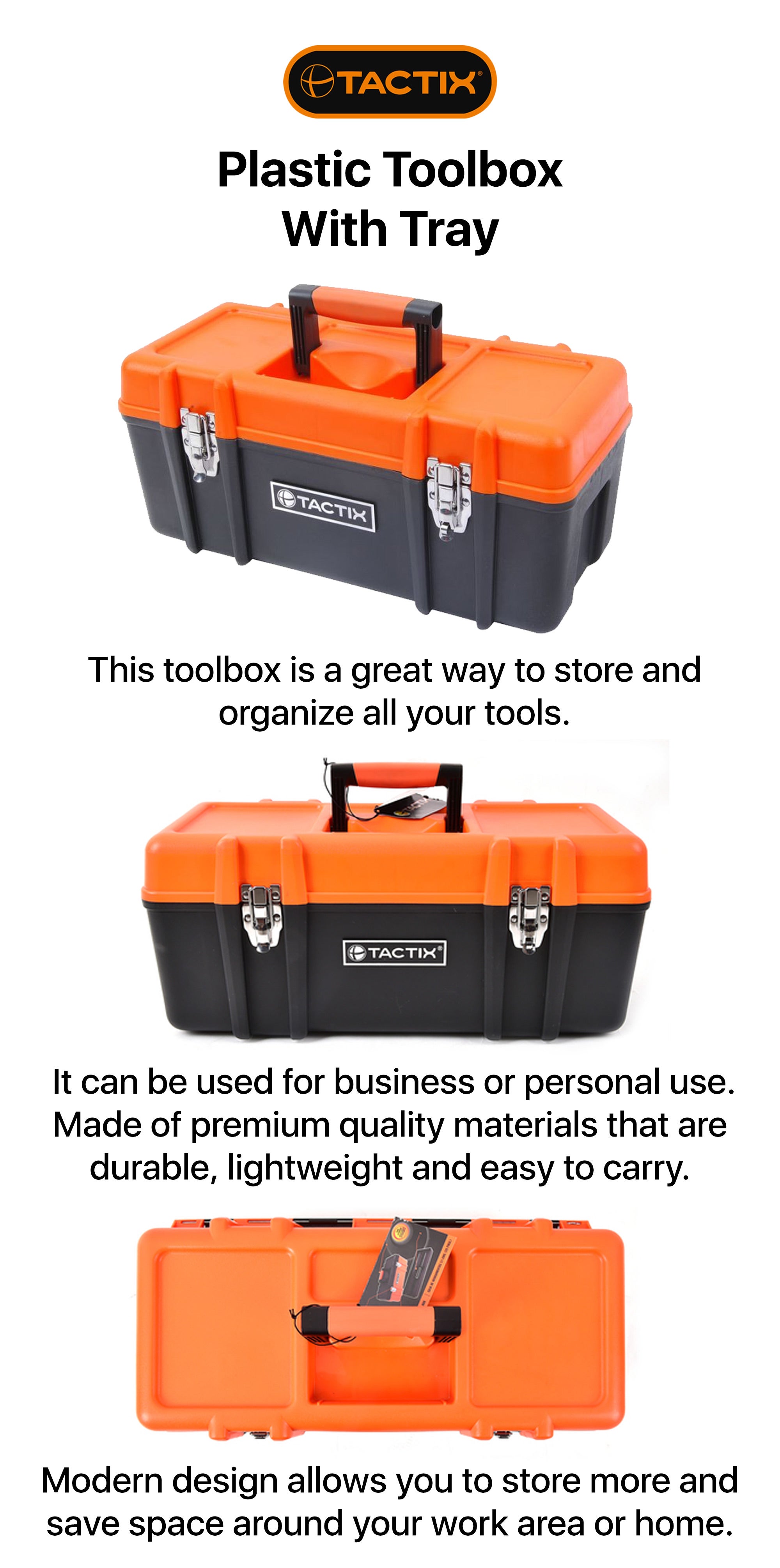 Tactix Plastic Tool Box (20 Inches) With Latches and Removable Tray, Portable, Organized and Reliable Tool Storage, For Workshop, Garage and Home-321105 Black/Orange 51x23.5x23cm