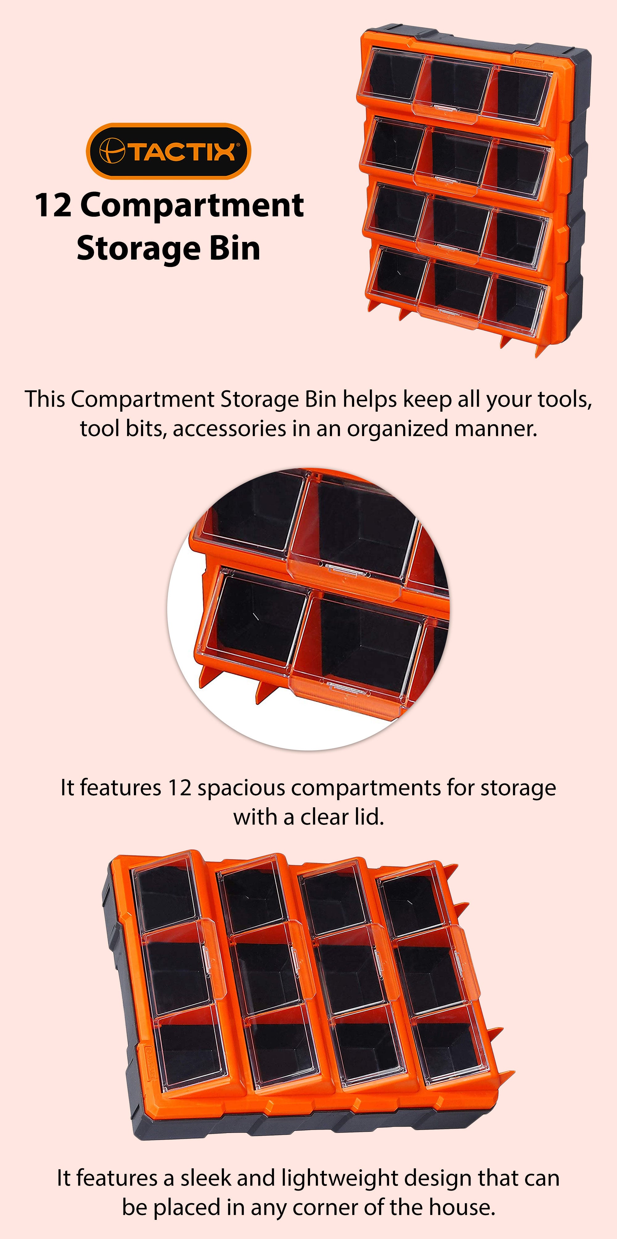 Tactix 12-Compartment Storage Bin with Clear Cover - Durable Wall Mount Plastic Containers for Hardware, Parts, Crafts and Tools- 320648 Orange/Black 36 x 46 x 12cm