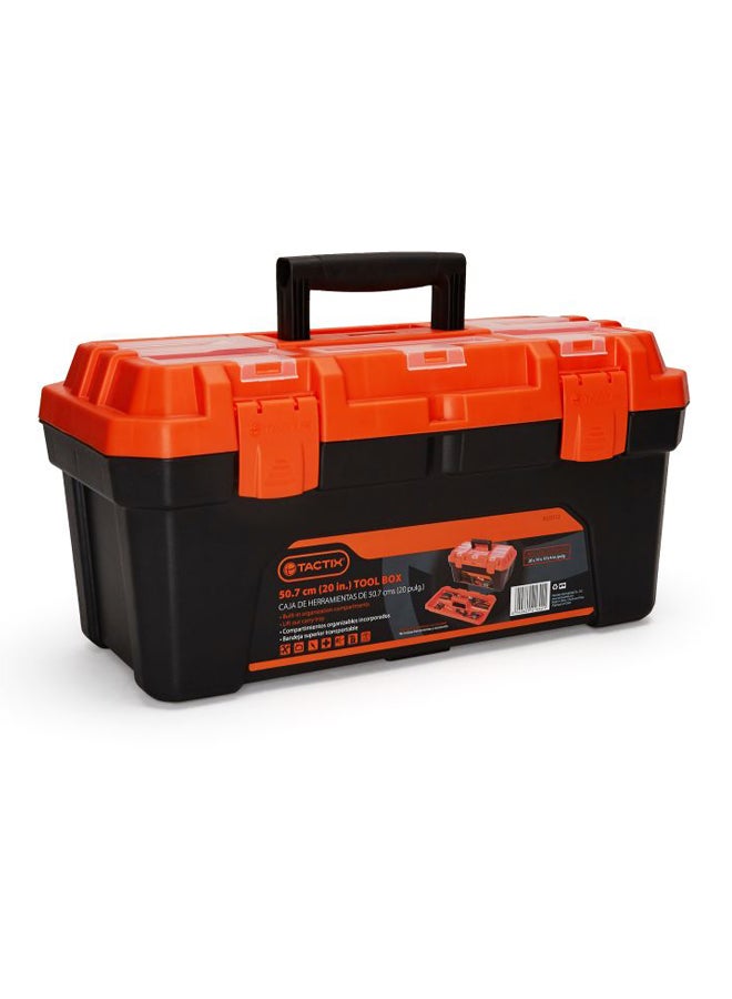 Tactix 20 Inches Plastic Storage Tool Box HD with Lift-out carry tray, Built-in Organization Compartments, Black/Orange, Dimensions: 50.7W x 25.4D x 25.9H cm- 320112