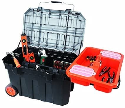 Tactix Mobile Tool Chest, 29 Inches, Portable, Rolling Tool Box, Rubber Coated Wheels, Tray With Compartments, Durable Metal Latch, Size: 75 X 47 X 48.5 cm- 320314 Black/Grey