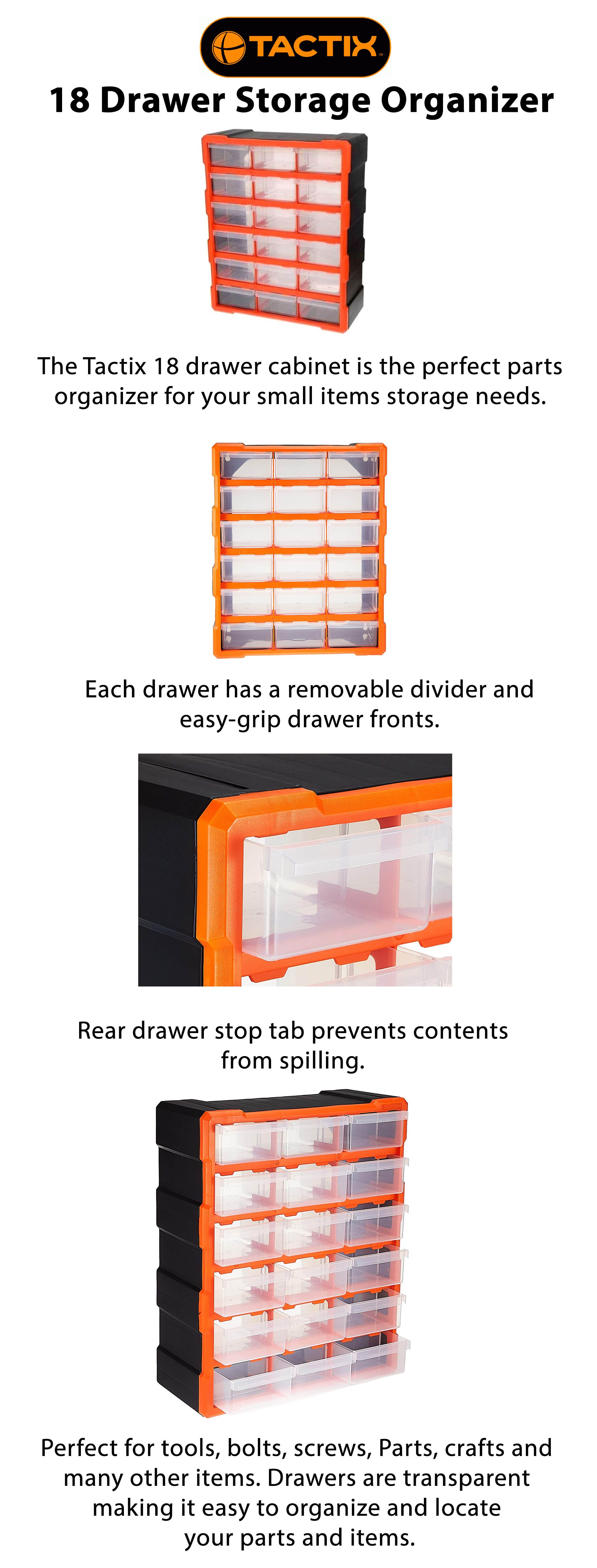 18-Drawer Plastic Drawer Storage Cabinet For Garage Organization, Bead Organizer, Lego Storage, Toolbox, Makeup Organizer, Black/Orange, Size: 16D X 38.5W X 48.5H Cm- 320634 Black/Clear/Orange