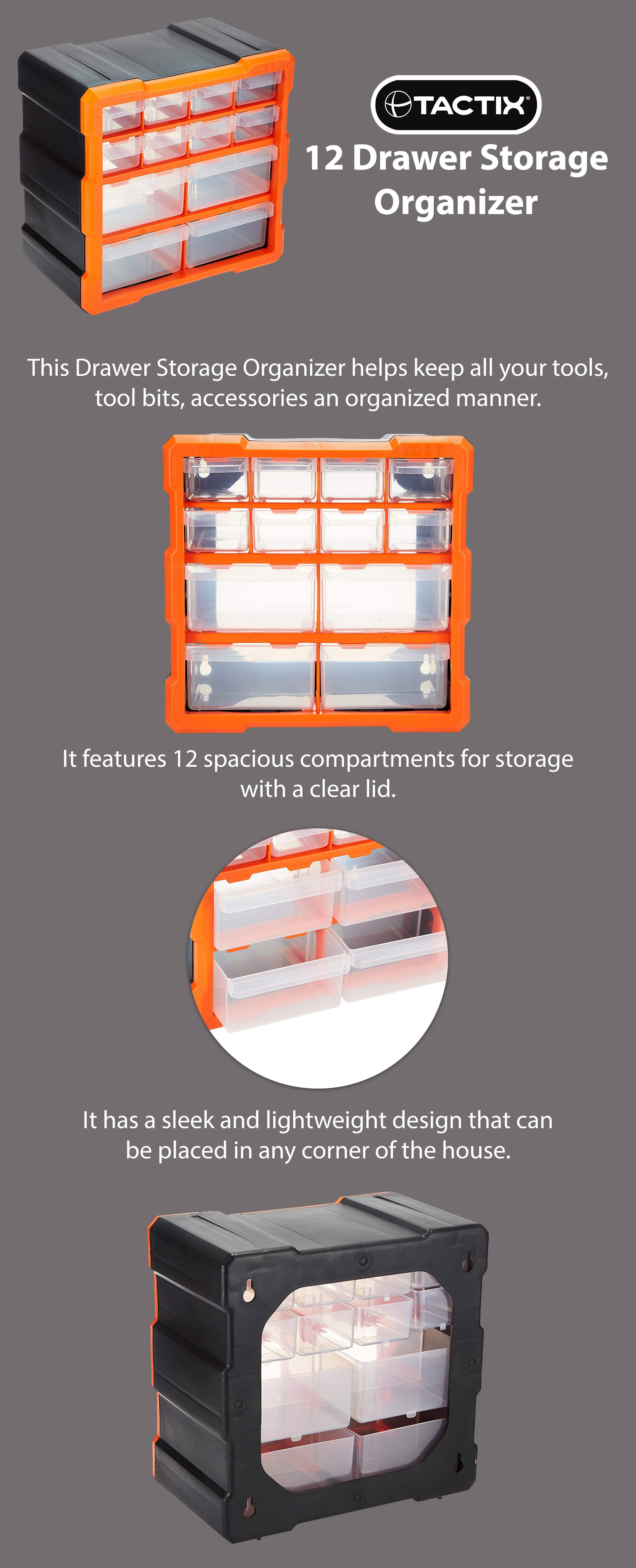 Tactix 12-Drawer Storage Bin - Clear Multiple Size Compartments for Hardware Crafts to Organize Spaces, Dimensions: 26.4H X 16.0D X 26.0W cm- 320630 Clear/Orange/Black