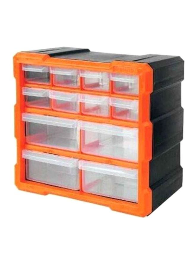 Tactix 12-Drawer Storage Bin - Clear Multiple Size Compartments for Hardware Crafts to Organize Spaces, Dimensions: 26.4H X 16.0D X 26.0W cm- 320630 Clear/Orange/Black