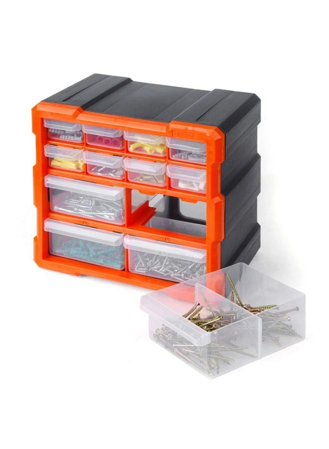 Tactix 12-Drawer Storage Bin - Clear Multiple Size Compartments for Hardware Crafts to Organize Spaces, Dimensions: 26.4H X 16.0D X 26.0W cm- 320630 Clear/Orange/Black