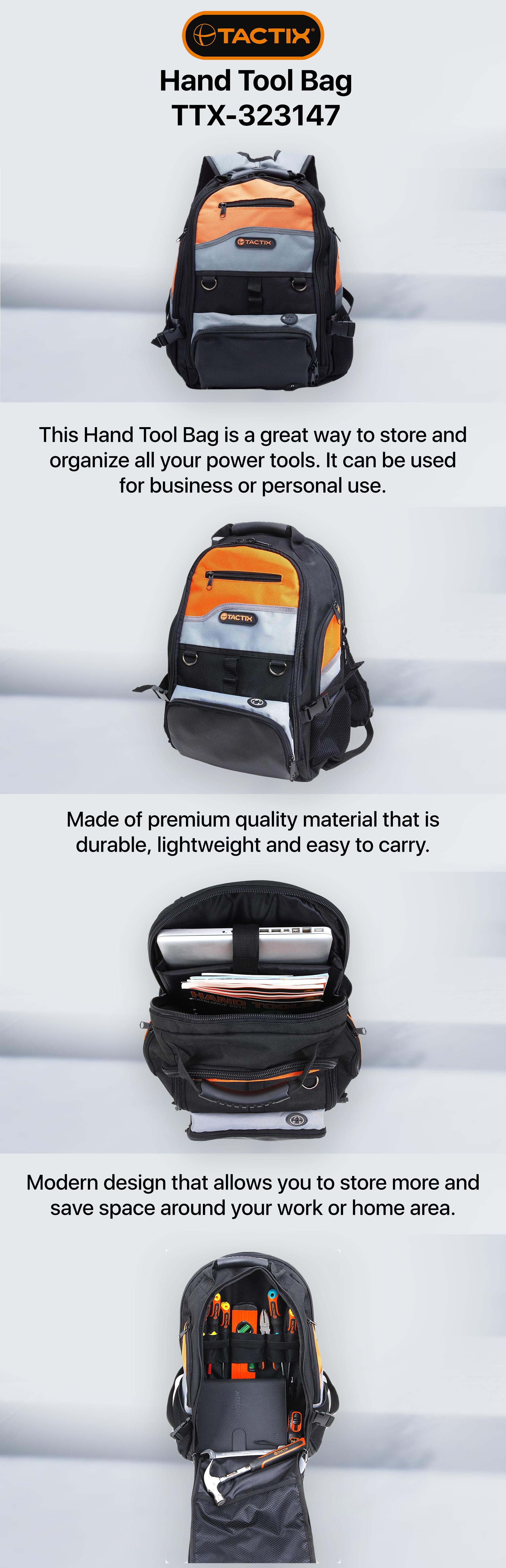 Tactix Tools Backpack - 18 pockets, Padded Shoulder straps, Stylish Black, Grey and Orange Design, Convenient for Easy Transport, Dimensions: 47 x 35 x 28 cm- 323147 black/grey/orange