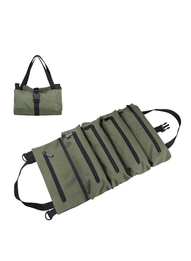 Roll Up Tool Bag Multi-Purpose Canvas Tool Roll Canvas Roll Up Pouch with 5 Zipper Pockets Wrench Roll Pouch