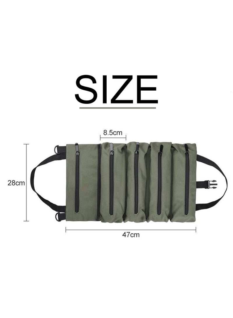 Roll Up Tool Bag Multi-Purpose Canvas Tool Roll Canvas Roll Up Pouch with 5 Zipper Pockets Wrench Roll Pouch