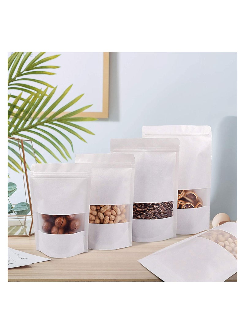 White Kraft Stand Up Pouch Bags 20*30cm 50 Pack Reusable Zip Lock Paper Pouches with Matte Window and Tear-away Notch for Multi-purpose Storage