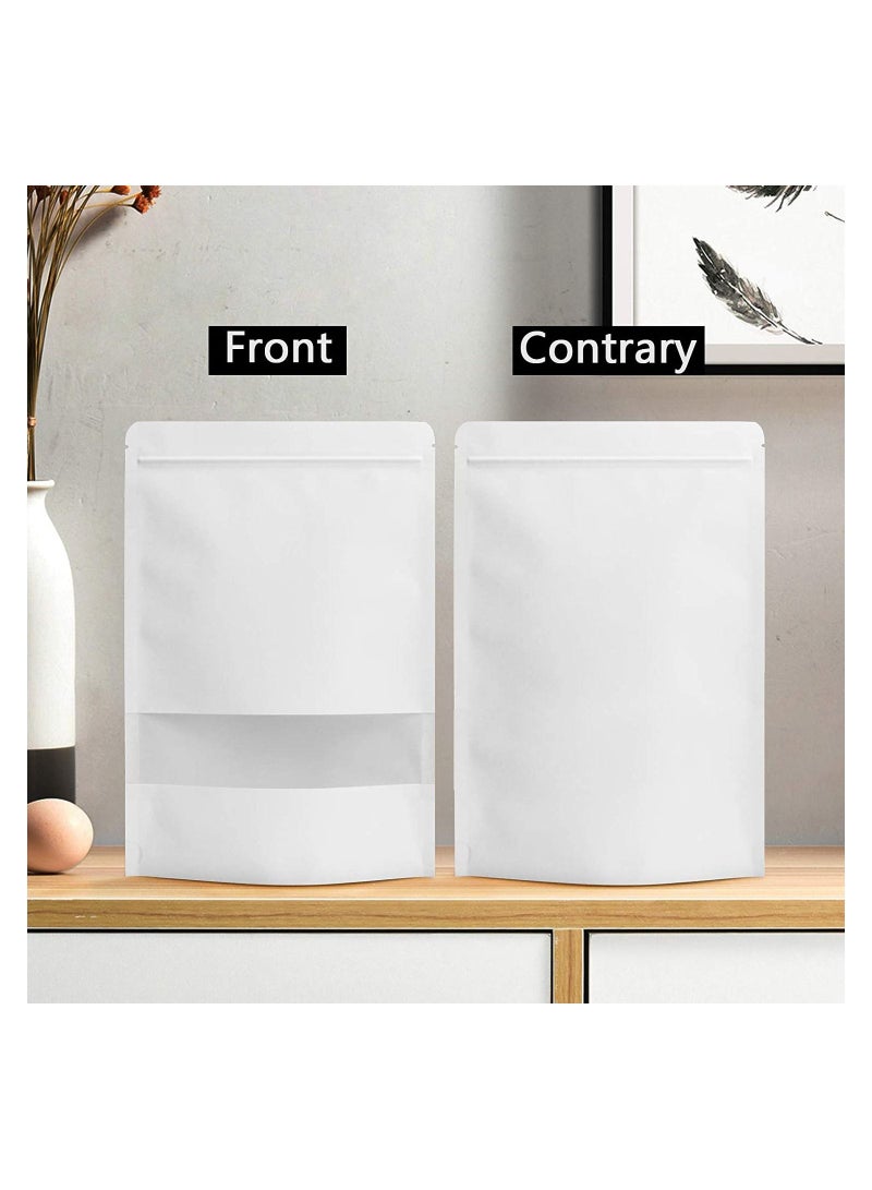 White Kraft Stand Up Pouch Bags 20*30cm 50 Pack Reusable Zip Lock Paper Pouches with Matte Window and Tear-away Notch for Multi-purpose Storage