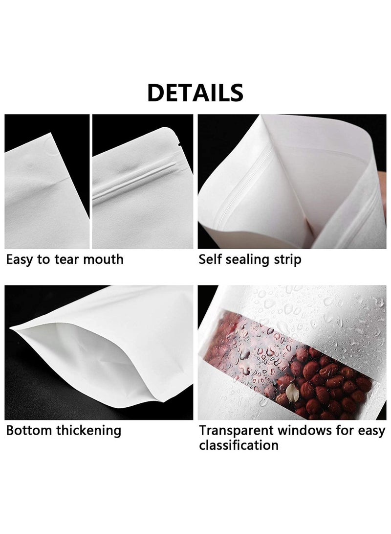 White Kraft Stand Up Pouch Bags 20*30cm 50 Pack Reusable Zip Lock Paper Pouches with Matte Window and Tear-away Notch for Multi-purpose Storage