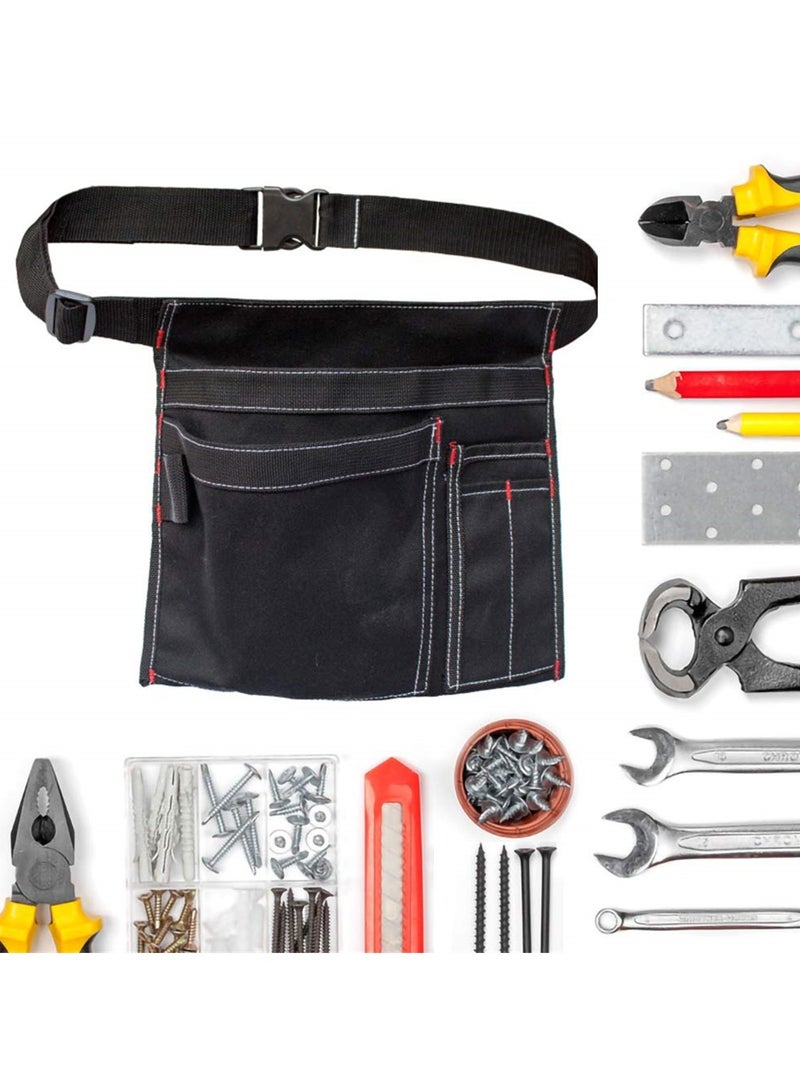 Multifunctional Canvas Tool Belt Pouch with Adjustable Belt Clip, 12OZ Waist Apron for Workshop Storage, Woodworking Tools, Screwdrivers, and Gardening, Black