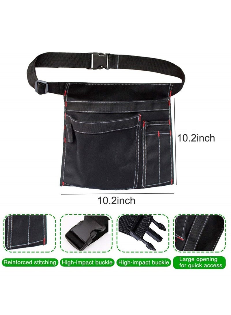 Multifunctional Canvas Tool Belt Pouch with Adjustable Belt Clip, 12OZ Waist Apron for Workshop Storage, Woodworking Tools, Screwdrivers, and Gardening, Black