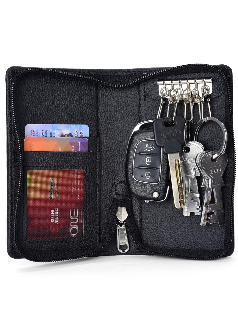 (Sarvika PU Leather Key Case Pouch Wallet Keychain Key pouch holder Men and Women Key Pouch Holder  Bank Locker Key Pouch with 6 Hooks Zipper Closure