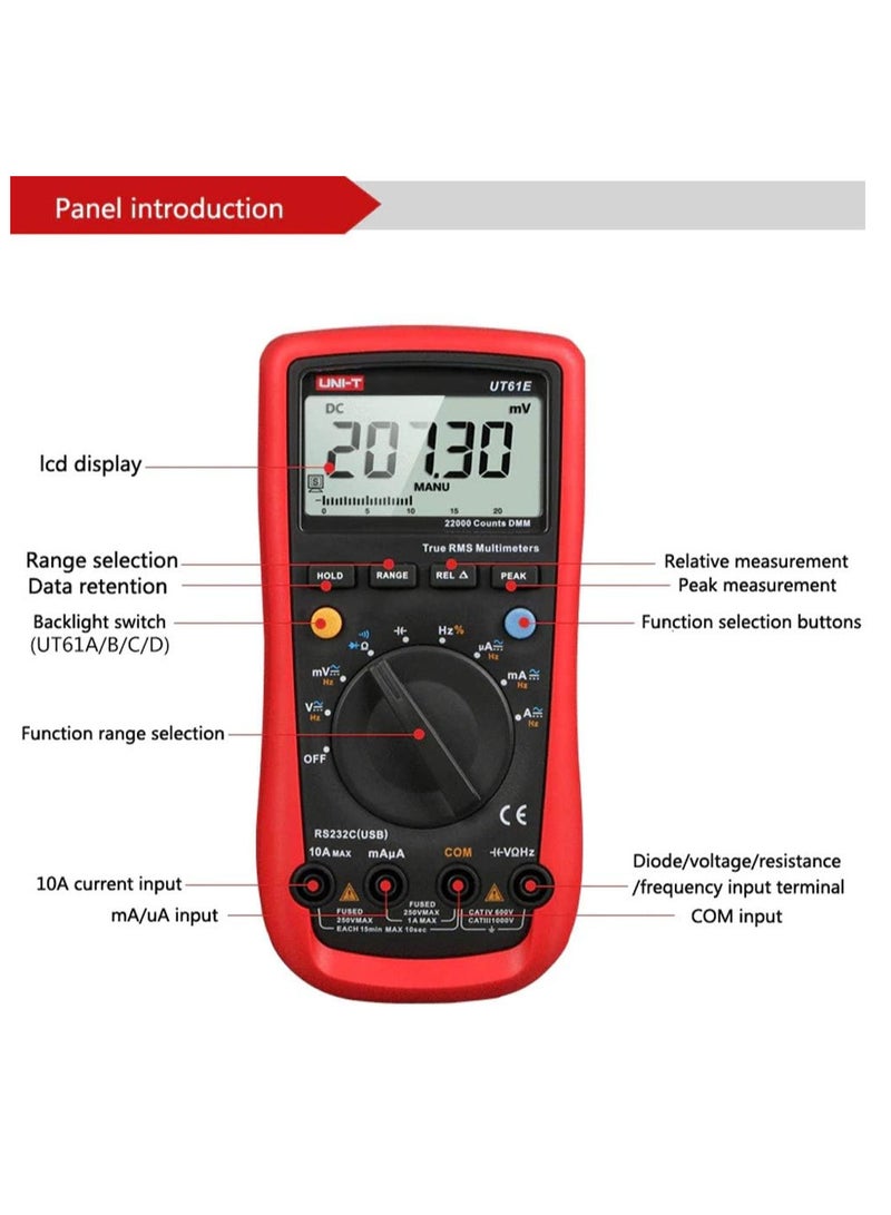 UNI-T Ut61E+ Digital Multimeter Professional Tester True Rms Auto Range Meter 220Mf Large Capacitance 22000 Digits Display