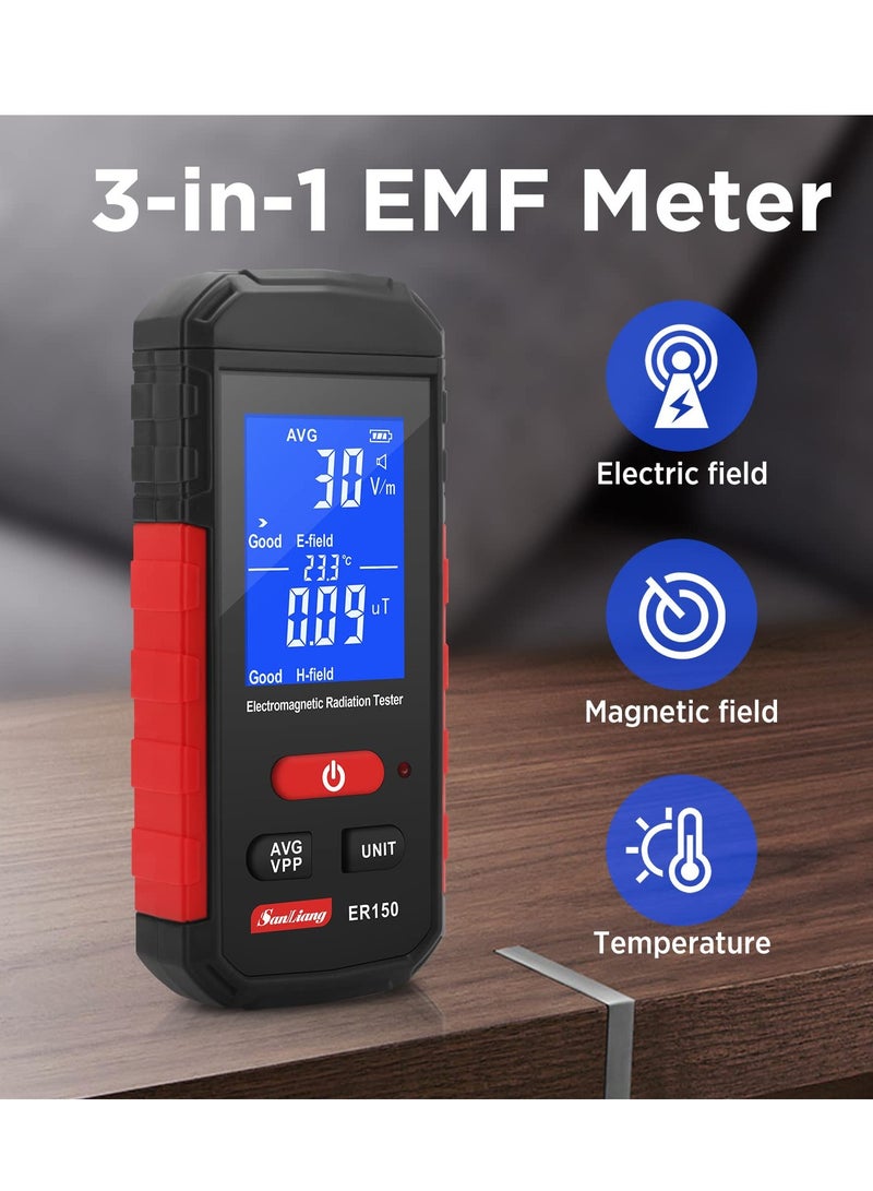 Portable Digital EMF Meter, Handheld Radiation Detector for Home and Outdoor Use, Electric and Magnetic Field Detector with LED Light and Sound Alarm