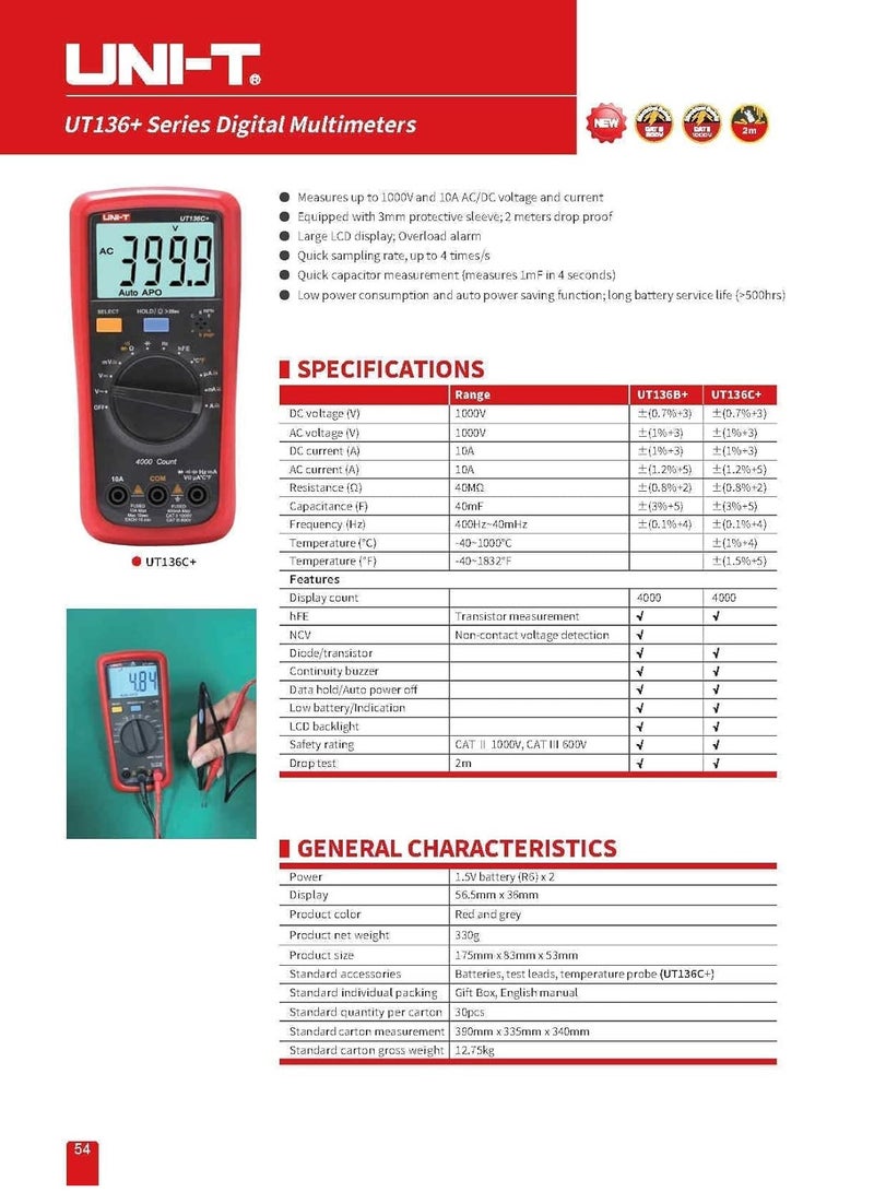 UNI-T UT136C+ 1000V Digital Multimeter Multimeter Tester AC DC Voltmeter Ammeter Ohm Capacitance HFE Diode/Transistor Tester