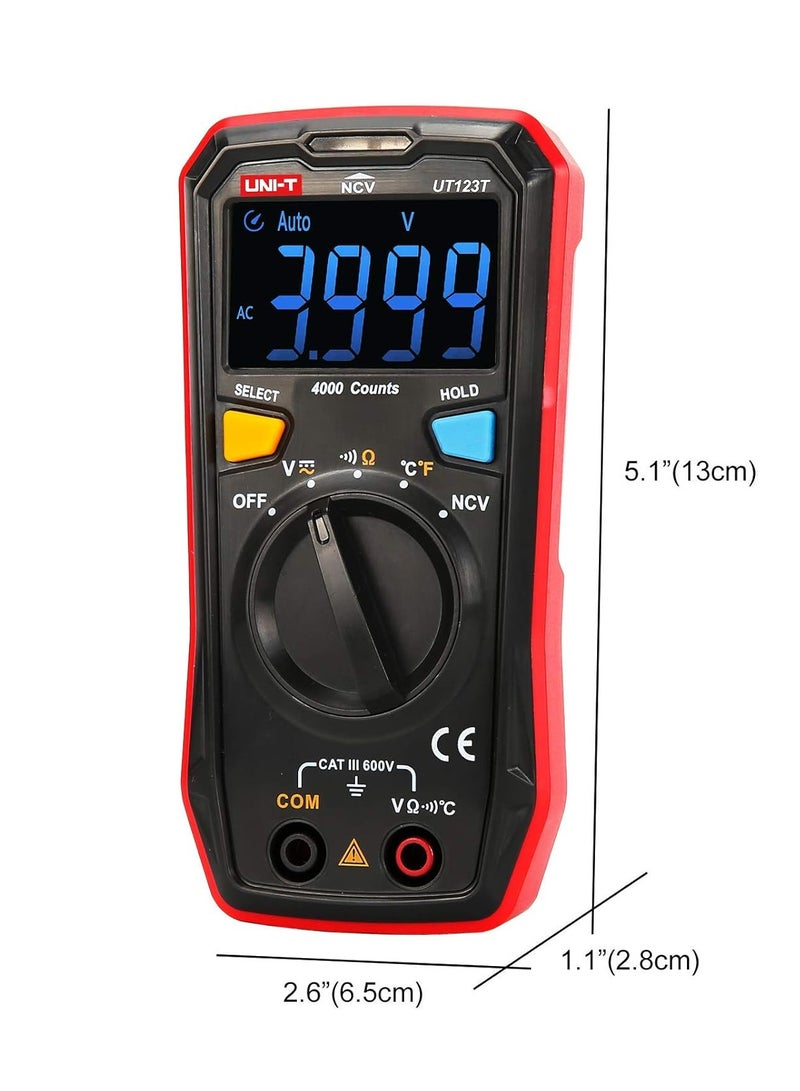 UNI-T UT123T Digital Multimeter, Pocket-Sized Multimeter for AC/DC Voltage, Resistance, and Continuity Testing with Auto-Ranging and LCD Display