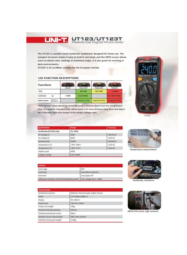 UNI-T UT123T Digital Multimeter, Pocket-Sized Multimeter for AC/DC Voltage, Resistance, and Continuity Testing with Auto-Ranging and LCD Display