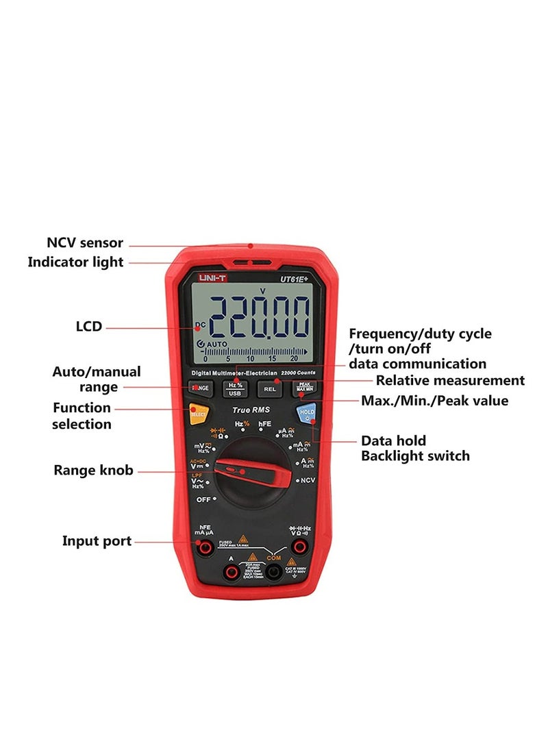 UNI-T UT61D+ Digital Multimeter, True RMS, High-Precision AC/DC Voltage, Current, Resistance, Capacitance, Frequency, and Temperature Tester with LCD Display