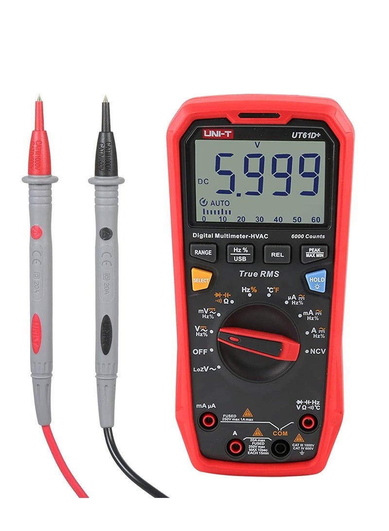 UNI-T UT61D+ Digital Multimeter, True RMS, High-Precision AC/DC Voltage, Current, Resistance, Capacitance, Frequency, and Temperature Tester with LCD Display