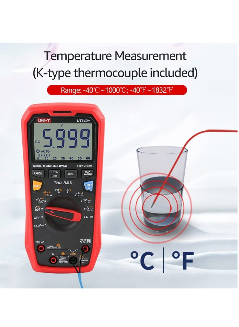 UNI-T UT61D+ Digital Multimeter, True RMS, High-Precision AC/DC Voltage, Current, Resistance, Capacitance, Frequency, and Temperature Tester with LCD Display