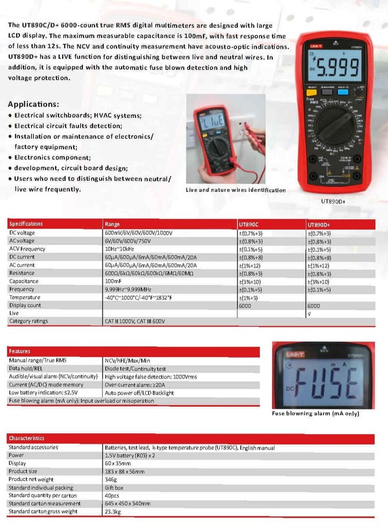 UNI-T UT890D+ Digital Multimeter, True RMS Multimeter with Large LCD, Measures Voltage, Current, Resistance, Capacitance, and Frequency