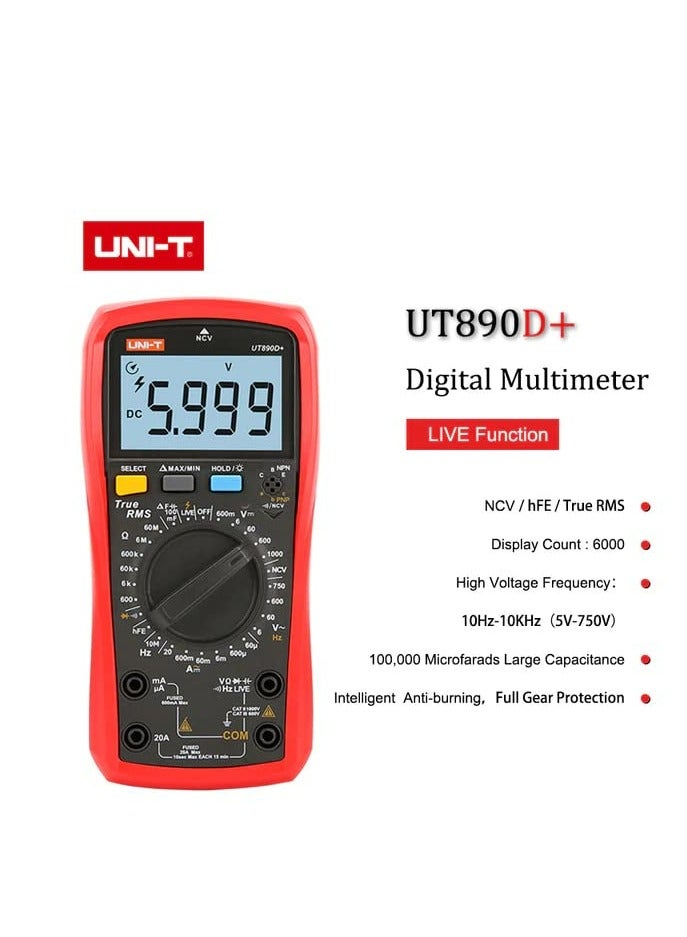 UNI-T UT890D+ Digital Multimeter, True RMS Multimeter with Large LCD, Measures Voltage, Current, Resistance, Capacitance, and Frequency