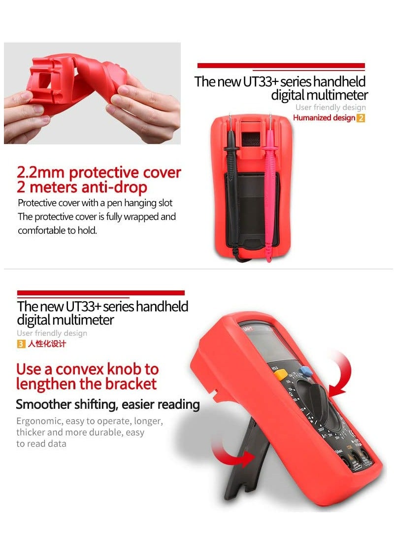 UNI-T UT33D+ Palm-Size LCD Pocket Digital Multimeter, Compact Tester for Voltage, Current, Resistance, and Continuity