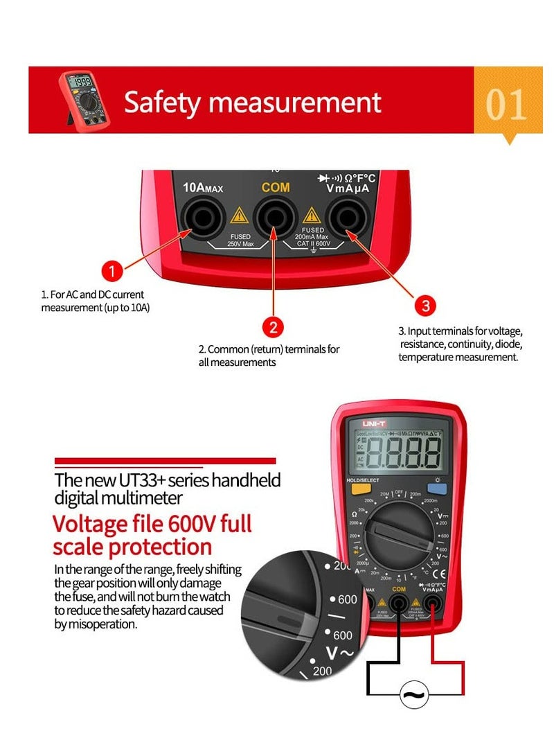 UNI-T UT33D+ Palm-Size LCD Pocket Digital Multimeter, Compact Tester for Voltage, Current, Resistance, and Continuity