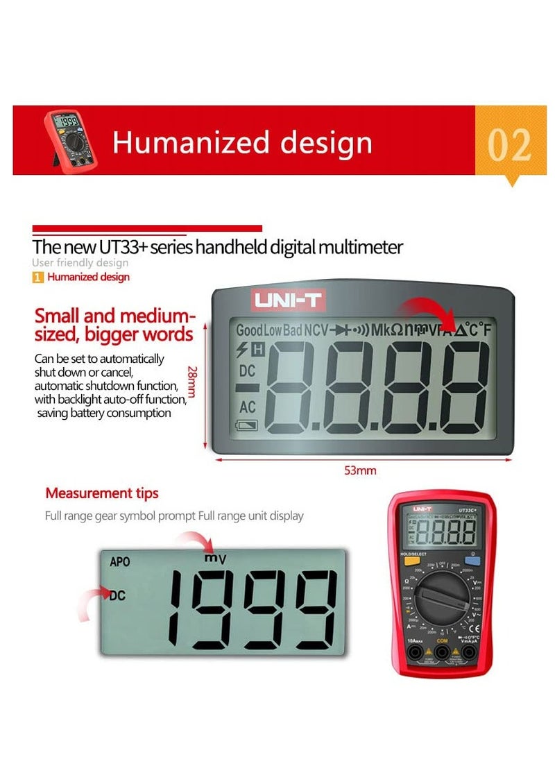 UNI-T UT33D+ Palm-Size LCD Pocket Digital Multimeter, Compact Tester for Voltage, Current, Resistance, and Continuity