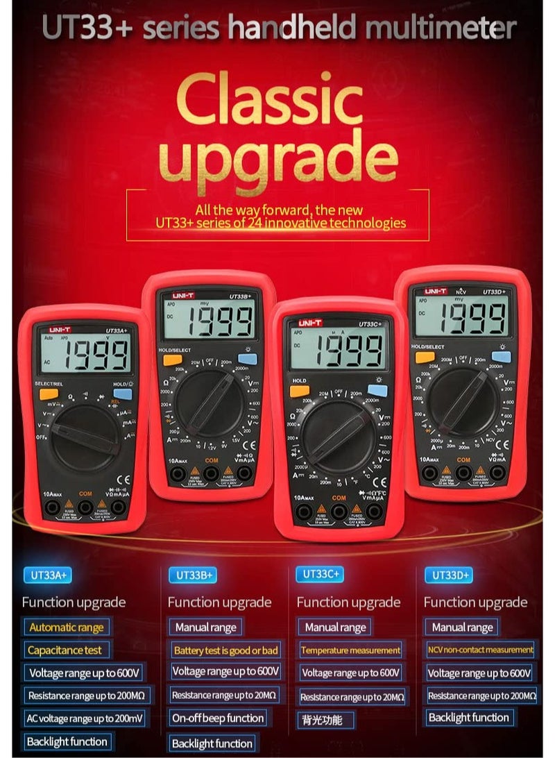 UNI-T UT33D+ Palm-Size LCD Pocket Digital Multimeter, Compact Tester for Voltage, Current, Resistance, and Continuity