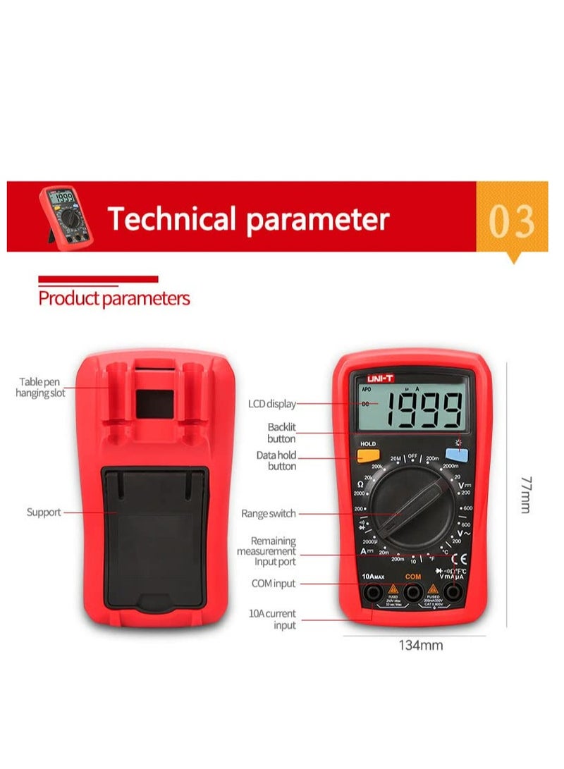 UNI-T UT33D+ Palm-Size LCD Pocket Digital Multimeter, Compact Tester for Voltage, Current, Resistance, and Continuity