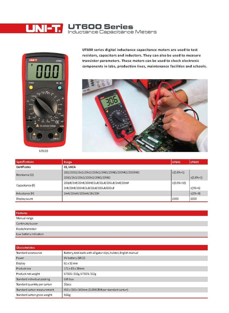 UNI-T UT603 Inductance Capacitance Meter, Digital Multimeter for Measuring Resistance, Inductance, and Capacitance, Ideal for Electronic Testing and Component Analysis