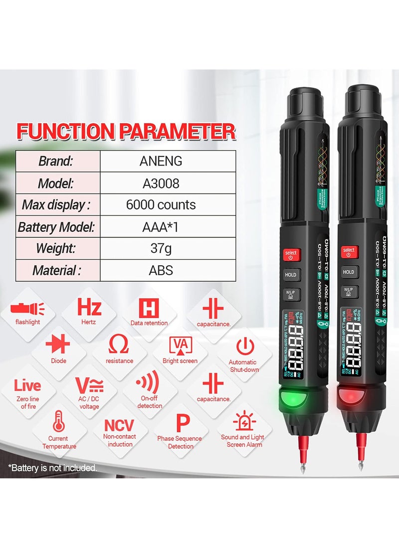 ANENG A3008 Pen Multimeter 6000 Counts Digital Multimeter Meter Tester with LCD Display Backlight Flashlight NCV Auto-off Multiple Accessories for Voltage Current Resistance Capacitance Diode