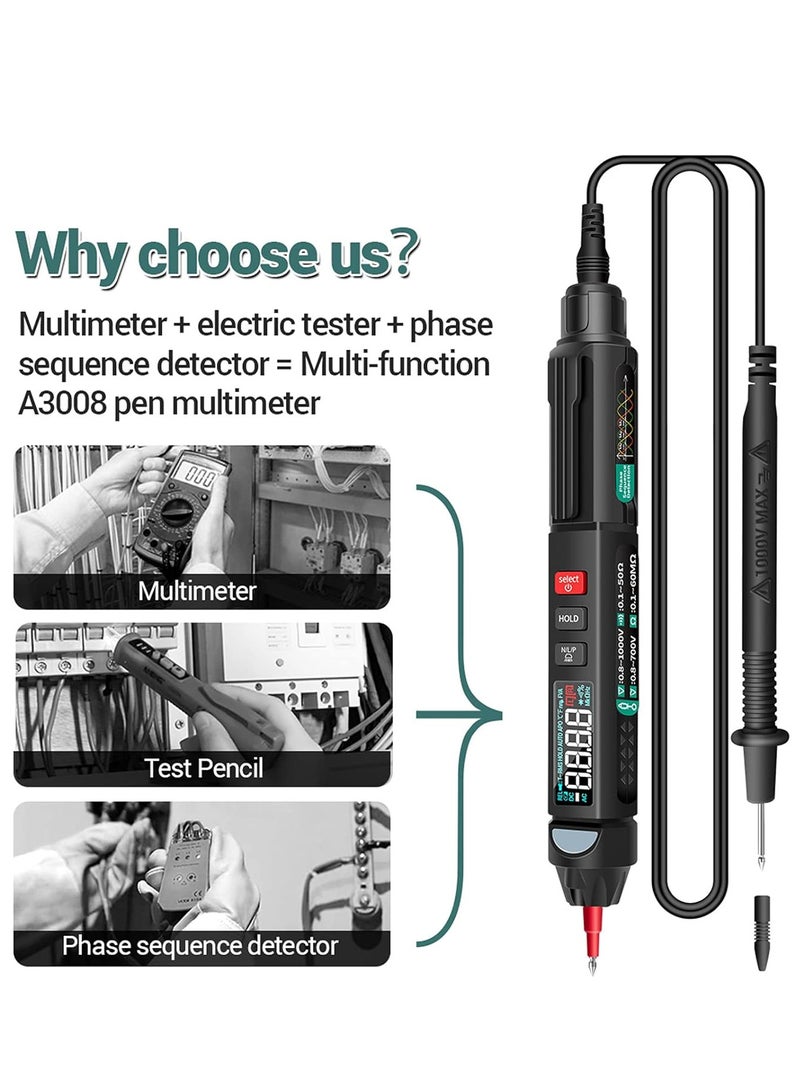 ANENG A3008 Pen Multimeter 6000 Counts Digital Multimeter Meter Tester with LCD Display Backlight Flashlight NCV Auto-off Multiple Accessories for Voltage Current Resistance Capacitance Diode