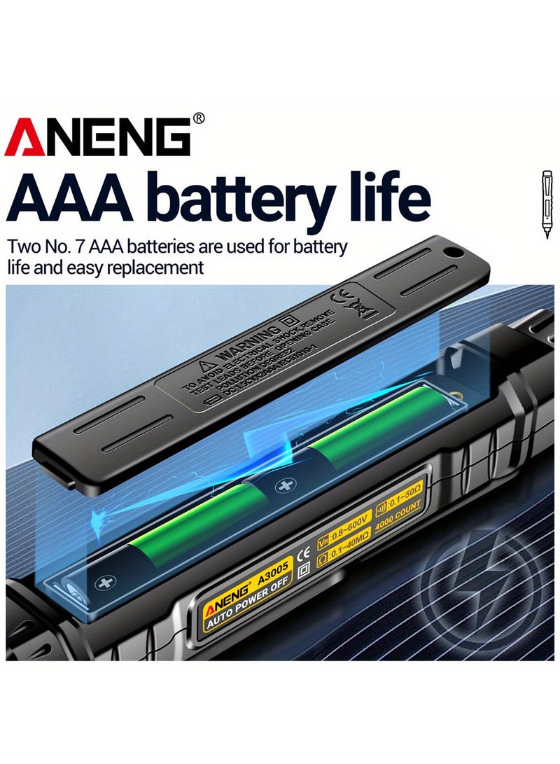 Aneng A3005 Digital Multimeter Pen, Battery-Powered, High Precision & Reliability, For Electricians - Measures Ac/Dc Voltage, Resistance, Continuity, With Lcd Display & Flashlight, Includes Manual