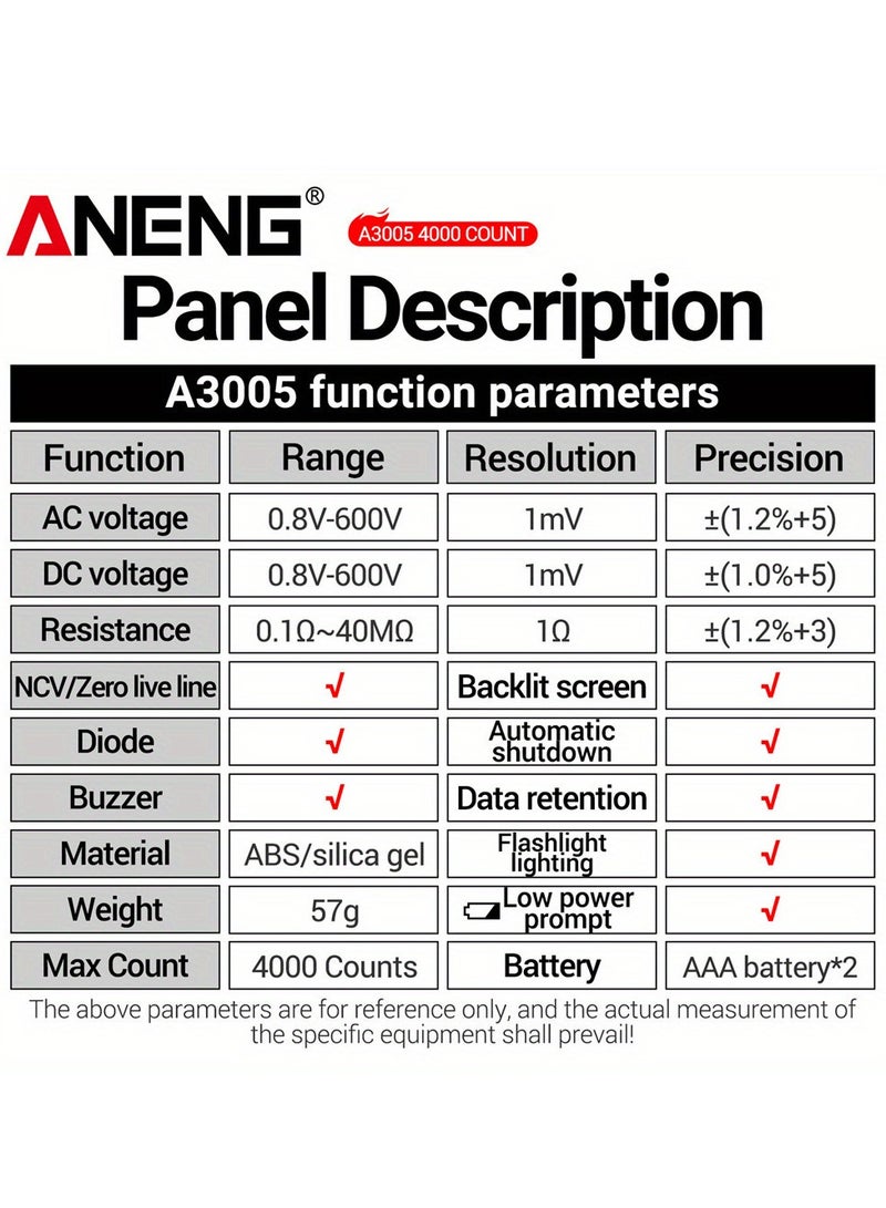 Aneng A3005 Digital Multimeter Pen, Battery-Powered, High Precision & Reliability, For Electricians - Measures Ac/Dc Voltage, Resistance, Continuity, With Lcd Display & Flashlight, Includes Manual