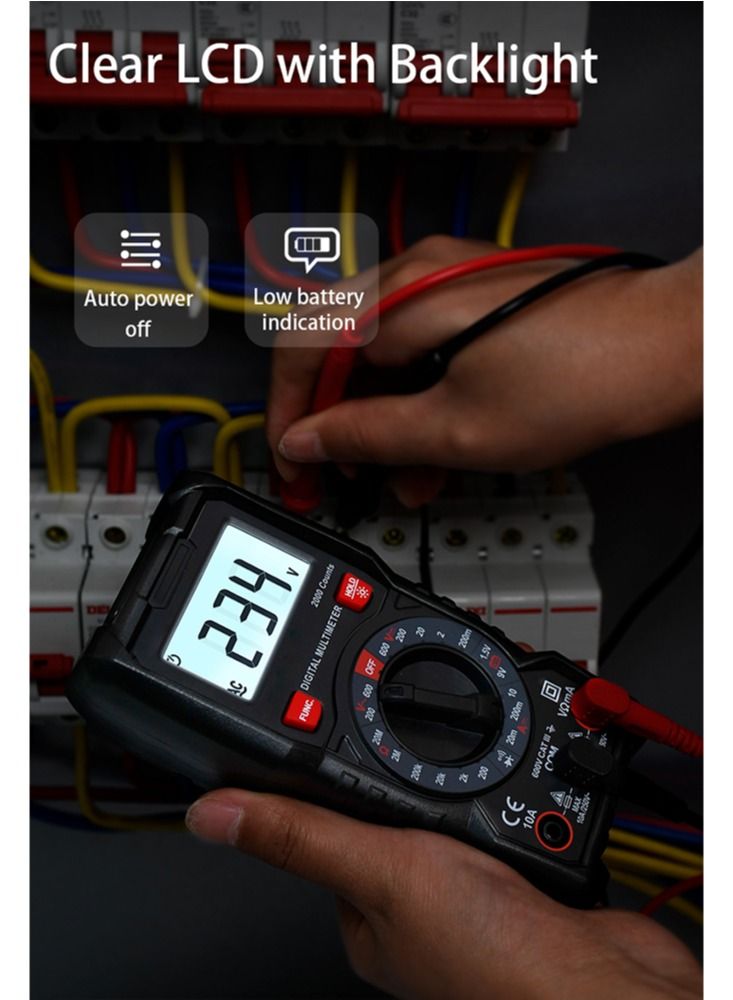 Digital Multimeter TRMS 2000 Counts Ohmmeter Manual-Ranging Fast Accurately Measures Voltage Current Resistance Diodes Battery