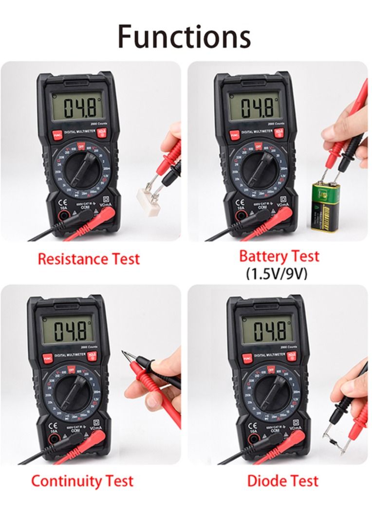 Digital Multimeter TRMS 2000 Counts Ohmmeter Manual-Ranging Fast Accurately Measures Voltage Current Resistance Diodes Battery