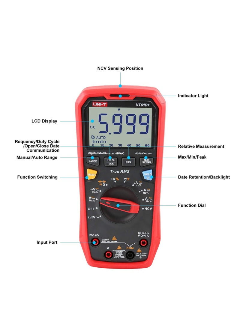 UT61D+ True RMS Digital Multimeter - Professional Grade Electrical Tester with AC/DC Voltage, Current, Resistance, Capacitance, Temperature Measurement, Backlit LCD Display