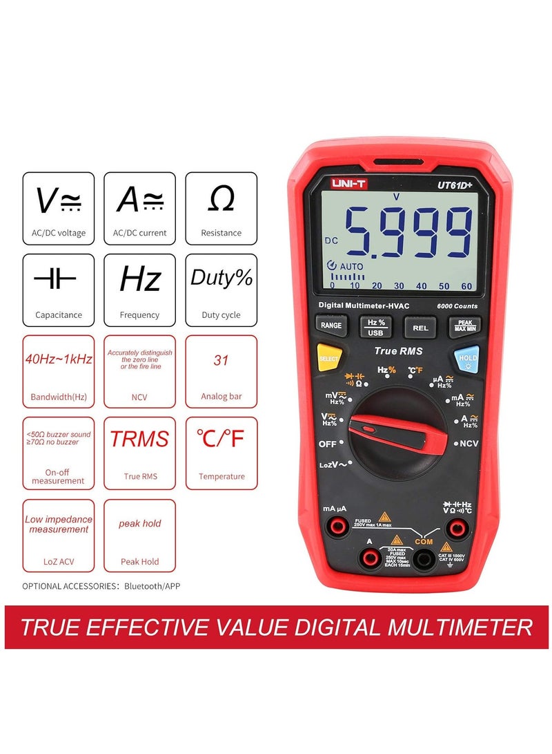 UT61D+ True RMS Digital Multimeter - Professional Grade Electrical Tester with AC/DC Voltage, Current, Resistance, Capacitance, Temperature Measurement, Backlit LCD Display