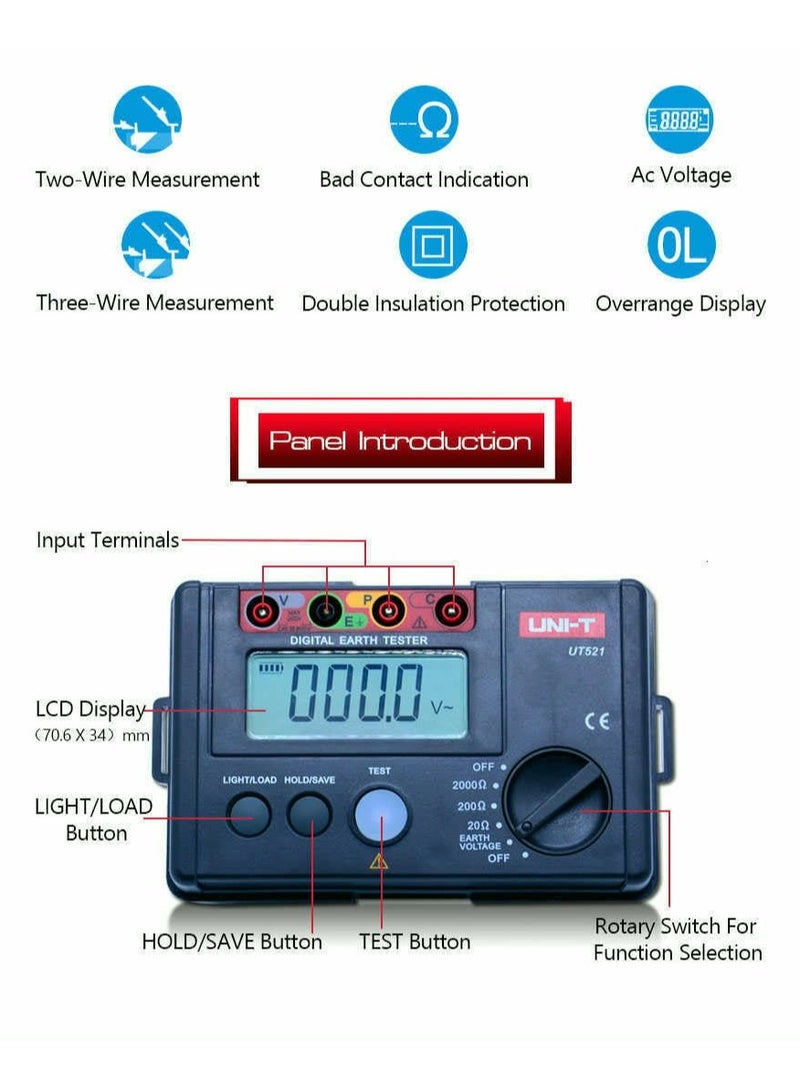 UT521 Digital Earth Tester, High-Precision Ground Resistance Meter with LCD Display