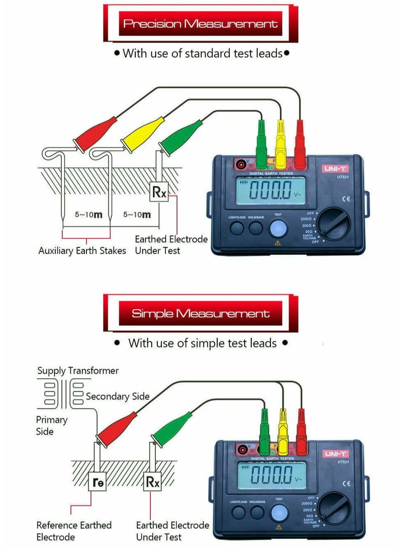 UT521 Digital Earth Tester, High-Precision Ground Resistance Meter with LCD Display